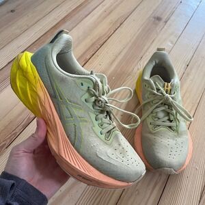 Asics Novablast 3 Green Orange Yellow Running Shoes Womens 7.5 athletic sneaker